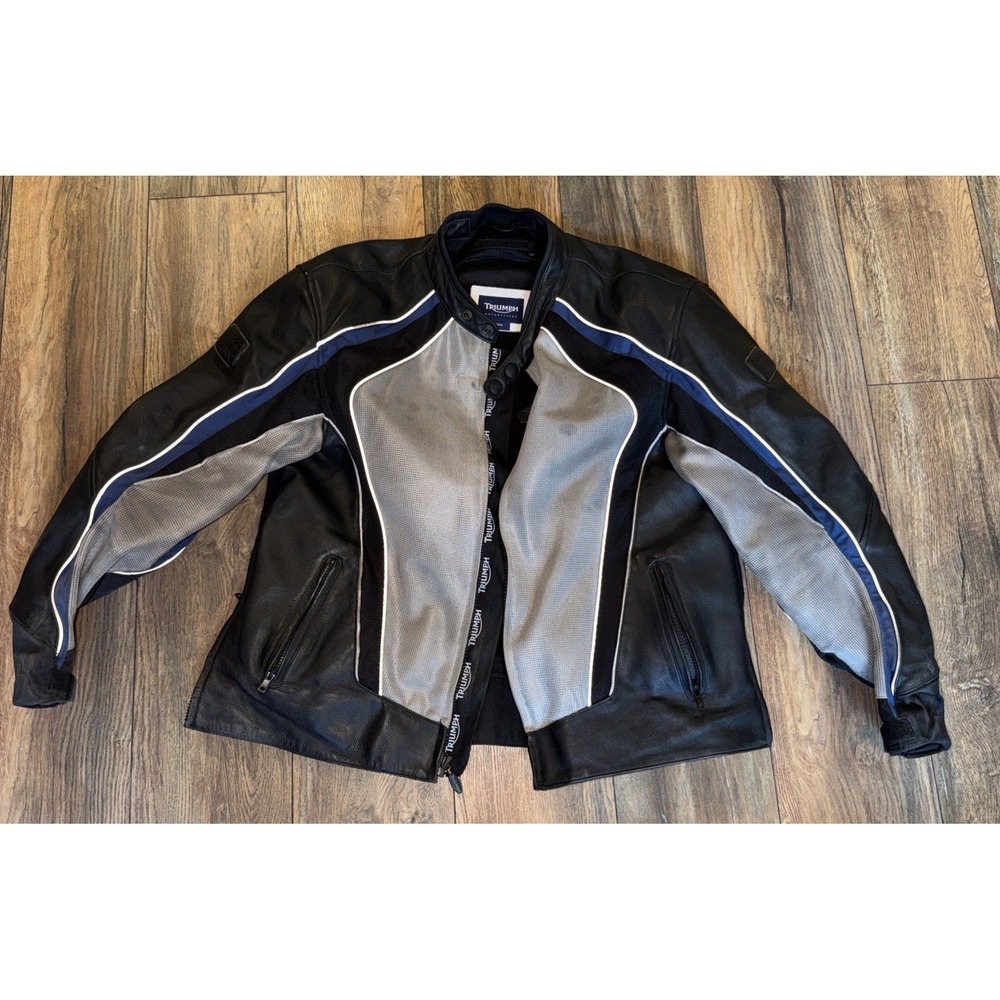 TRIUMPH Motorcycle Leather Black & Grey & Blue Armored Jacket‎ Biker 50/60